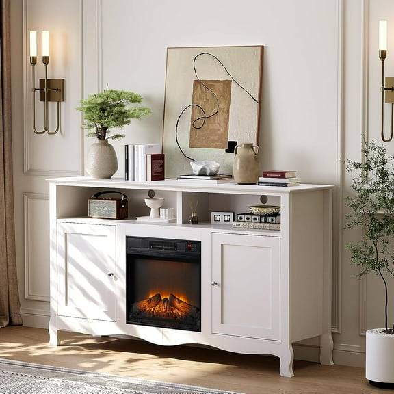 VINGLI Fireplace TV Stand for up to 70 inch TVs, French Modern Entertainment Center with Electric Fireplace Heater & Curved Legs, Fireplace Media Console Table with Two Doors for Living Room