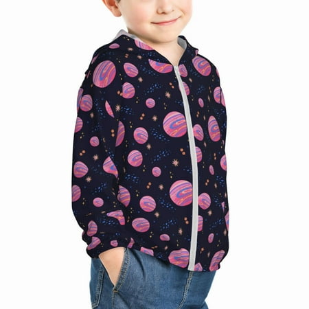 

Uemuo Pink Planets And Stars Pattern Rash Guard for Boys Girls Long Sleeve Swim Shirts UPF 50+ UV Sun Protection Hooded Fishing Shirt with Pocket for Kid-4 Years