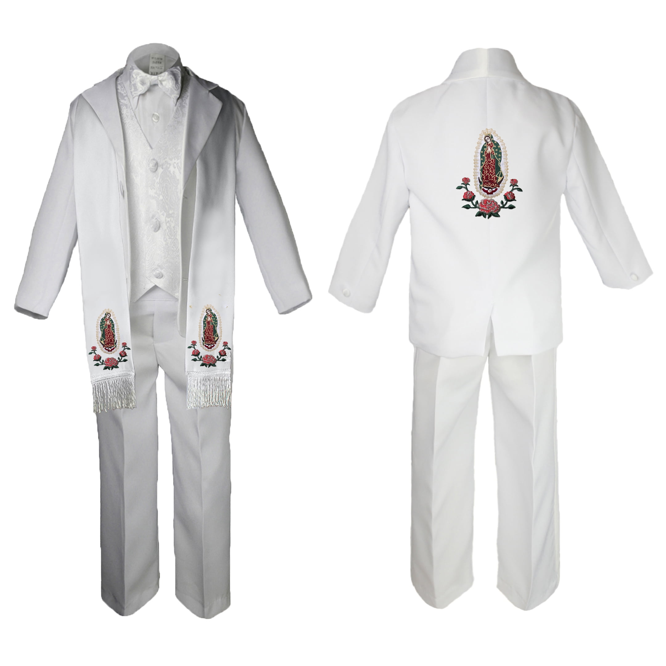 New Born Baby Boy Christening Baptism Formal White Paisley Suit Silver Mary on Stole & Back SM-20