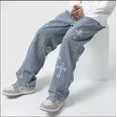 thumbnail image 3 of Pantalones vaqueros con bordado de patchwork y estrellas de la moda estadounidense, pantalones holgados de gran tamaño para hombre, ropa Y2K, pantalones rectos de estilo hip hop, ropa de calle, 3 of 5