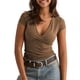 thumbnail image 1 of Camiseta de Mujer con Escote en V Profundo, Color Liso, Corta, Ajustada, para y Verano. Marrón Oscuro M, 1 of 10