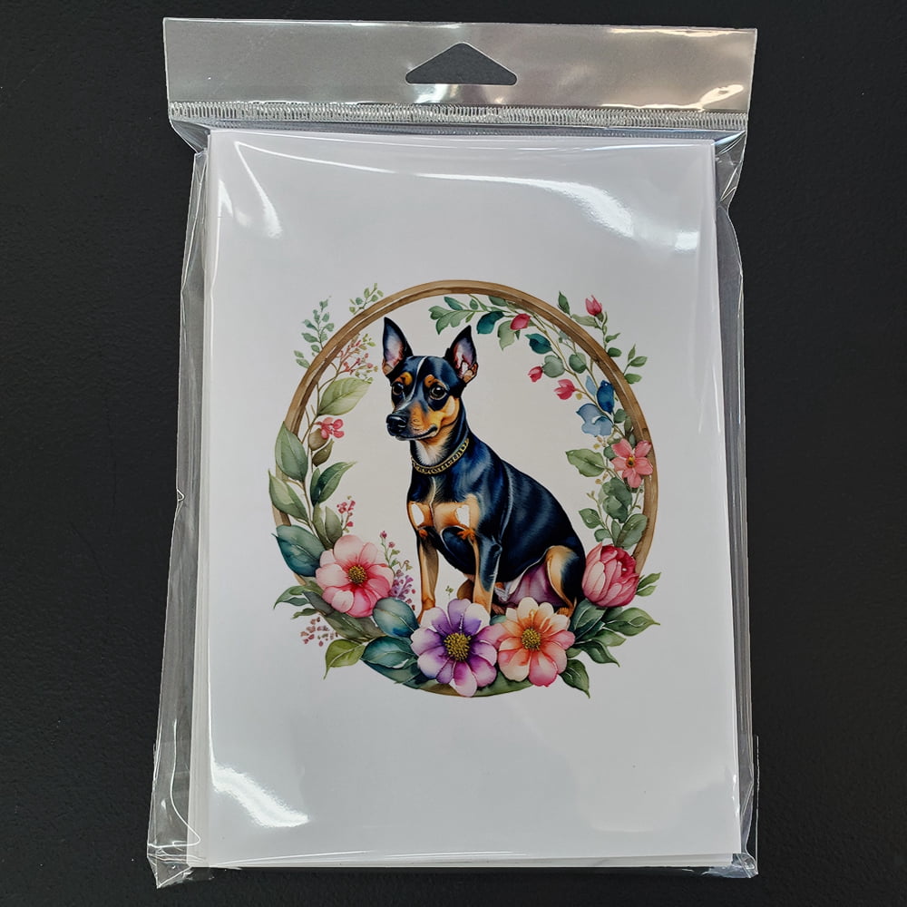 Miniature Pinscher and Flowers Greeting Cards and Envelopes Pack of 8 7 in x 5 in