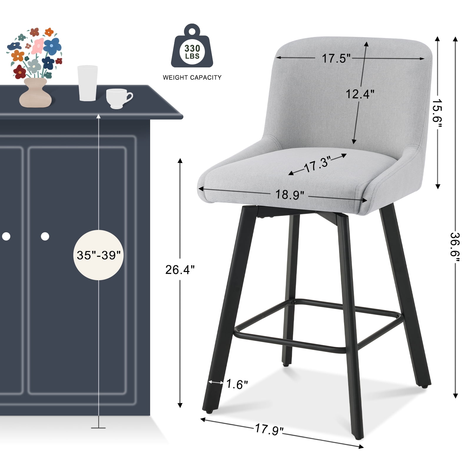 MultiHaven 26.1-Inch Bar Stools Set of 4,Swivel Counter Height Bar Stool with Back & Metal Legs,Fabric Island Chairs Suitable for Kitchen,Bar,Cafe - Light Gray