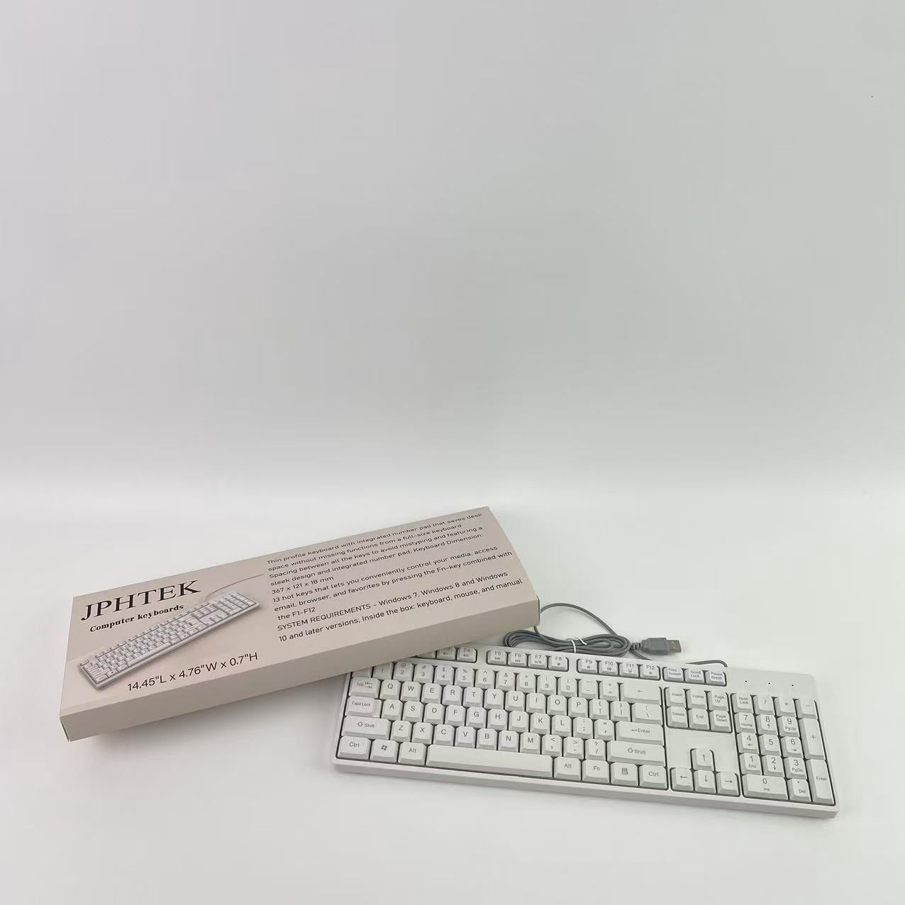 JPHTEK Computer keyboards,Wired Quiet USB Keyboard - 14.45x4.76x0.70 Inches - Compact Design with Number Pad - White