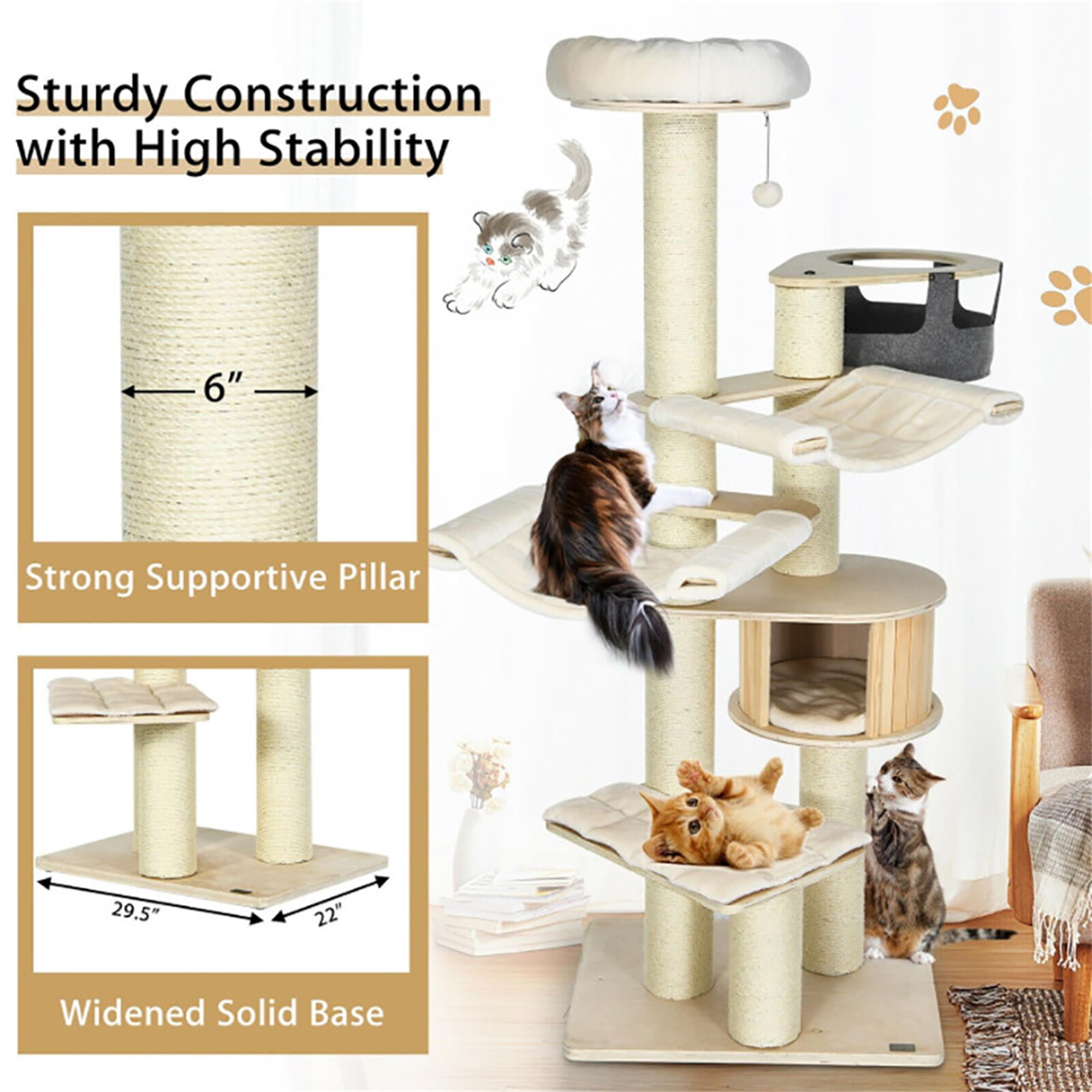 Kadyn 77" Wood Cat Tree Tower for Indoor Cats, Multi-Level Cat Condo with Scratching Posts, Perch, Washable Removable Cushions, Cat Furniture, Beige