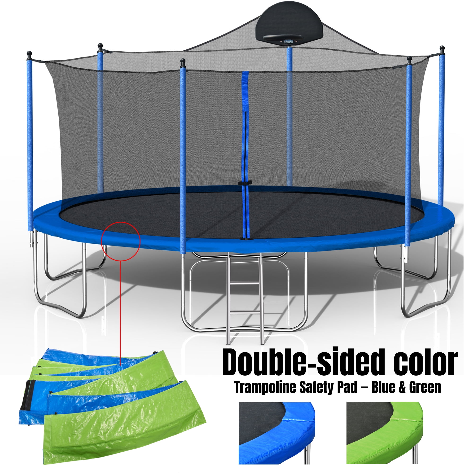 Leumius 14FT Trampoline with Basketball Hoop for Kids and Adults,Outdoor Trampolines w/Ladder and Safety Enclosure Net,Blue