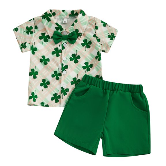 Okbabeha Toddler Baby Boys St. Patrick's Day Set Clover Shirt Short Sleeve Button Down Top Shorts Summer Outfits 6M-5T