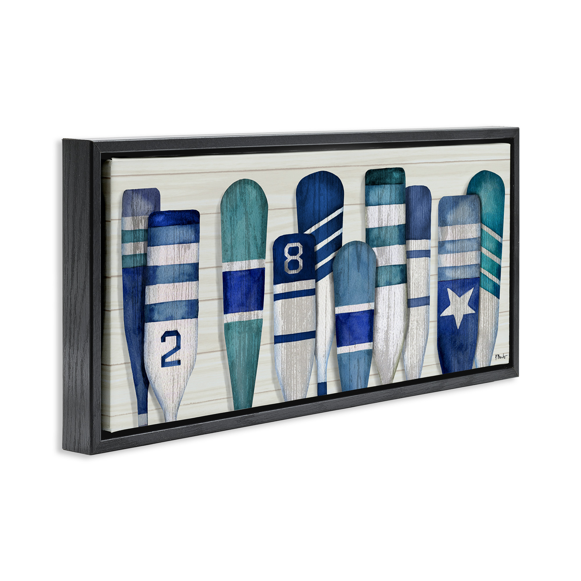 Stupell Industries Port Oars Nautical Blue Patterns Nature Painting Black Floater Framed Canvas Art Print Wall Art, 25 x 11