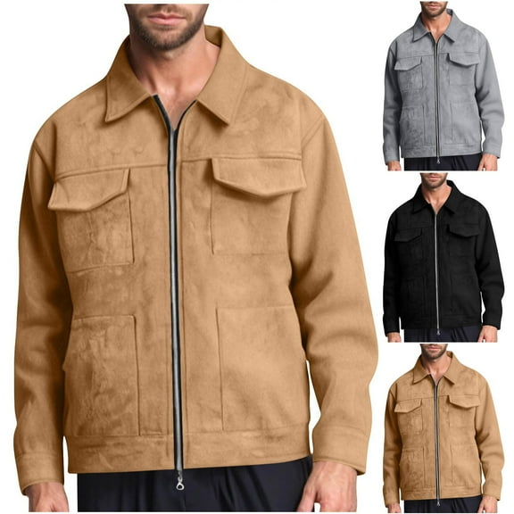 FRSASU Men's Suede Coat Deerskin Velvet Casual Lapel Collar British Style Jacket with Zipper Solid Outerwear Khaki
