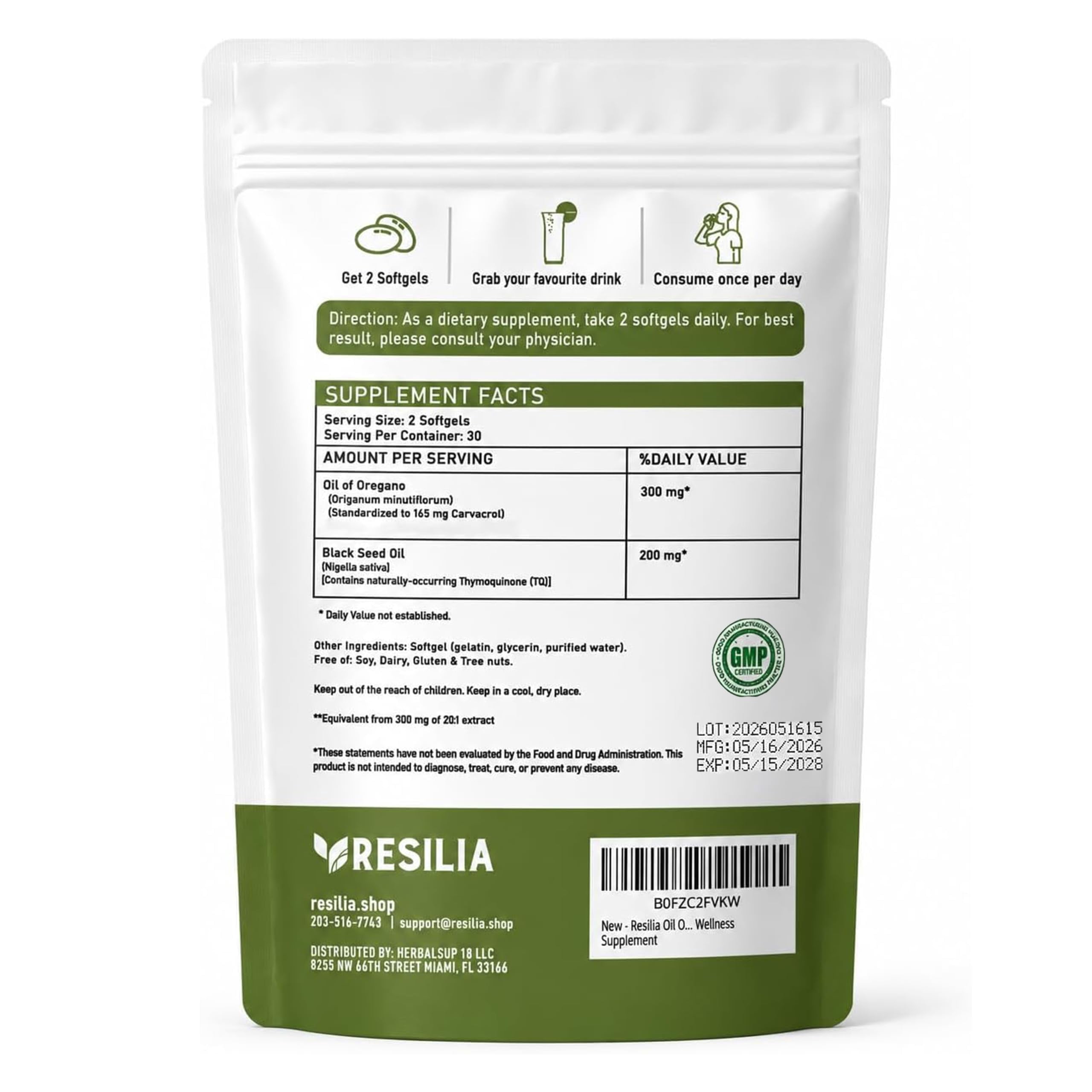 Resilia Oil of Oregano with Black Seed Oil, Oregano Oil Supplement, 60 Softgels
