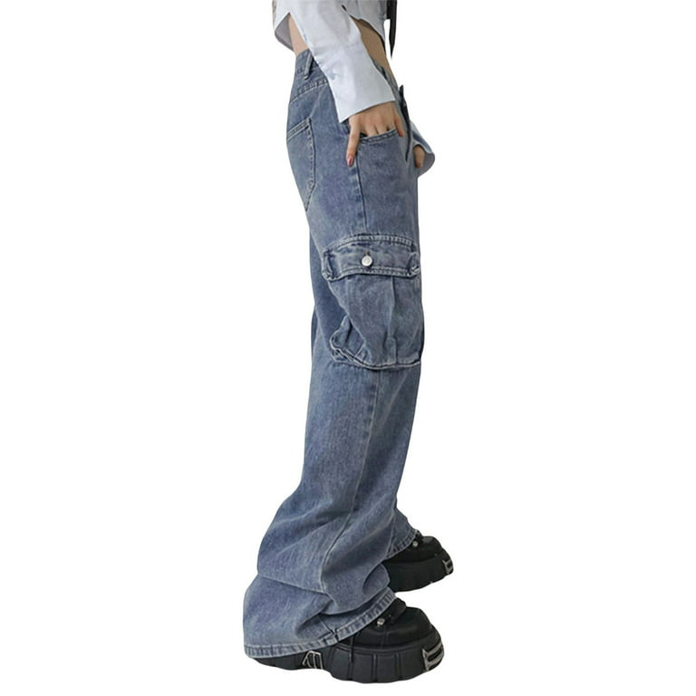 Womens Girls High Waist Cargo Baggy Jeans Y2K Wide Leg Denim Pants Grunge Trousers Streetwear - Walmart.com