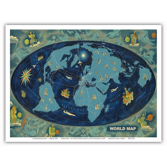 World Map - Global World Route Map - Planisphere - Vintage Airline Travel Poster by Lucien Boucher c.1959 - Master Art Print (Unframed) 9in x 12in