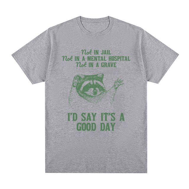 Camiseta retro "No en la cárcel, buen día", divertida, sarcástica, de mapache, de algodón, informal, de manga corta y gran tamaño para hombre