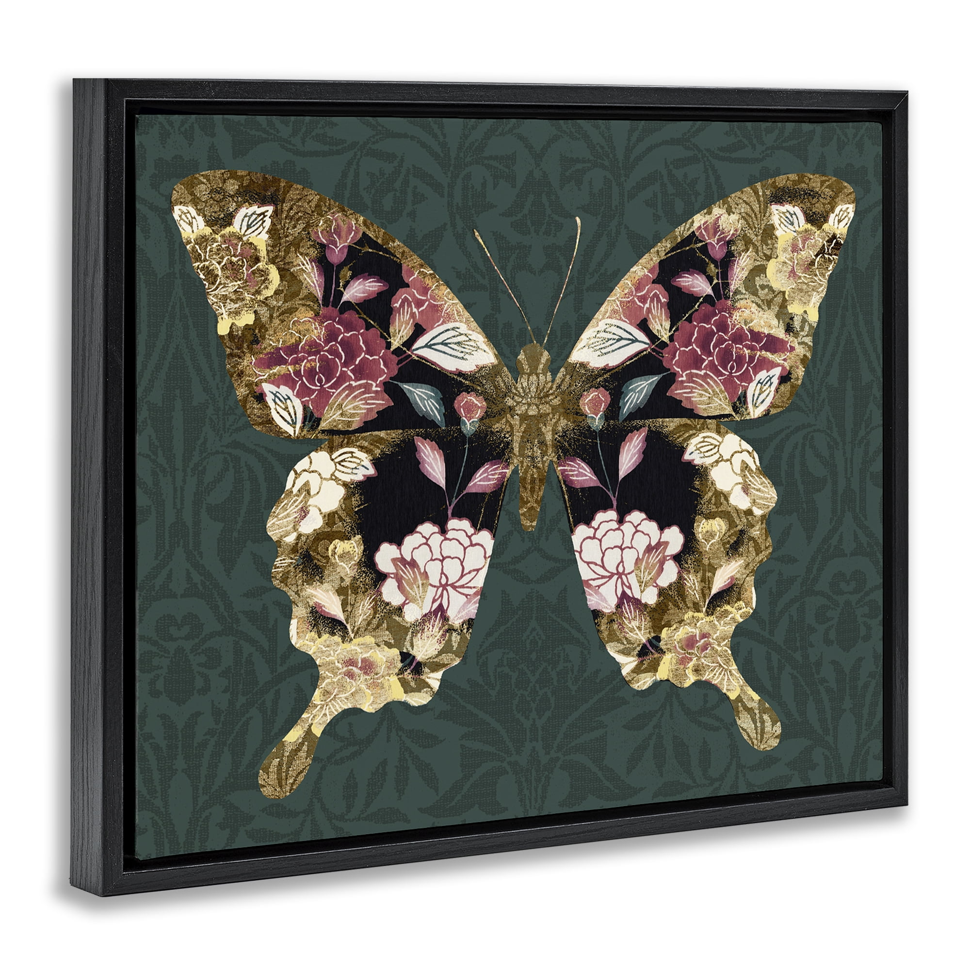 Stupell Industries Traditional Florals Butterfly Animals & Insects Painting Black Floater Framed Canvas Art Print Wall Art, 21 x 17