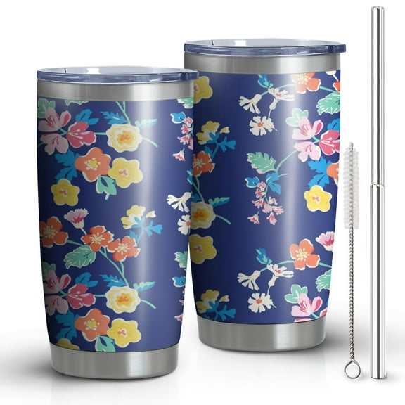 20oz Tumbler with Lid and Straw Stainless Navy Blue - Flowers Steel Vacuum Insulated Water Coffee Tumbler Cup, Double Wall Vacuum Insulated Travel Mug Reusable Tumblers for Ice Drinks, Hot Beverage