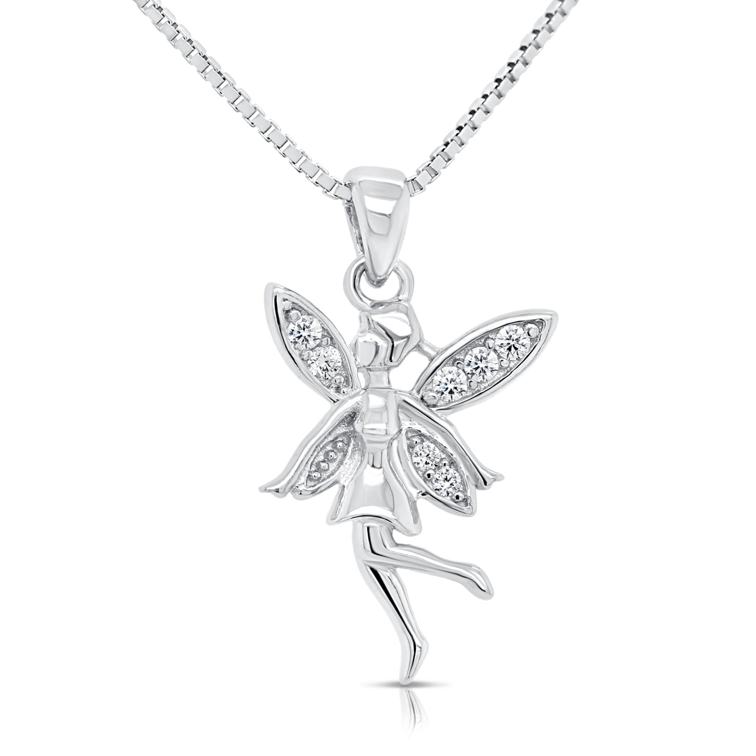 Tilo Jewelry .925 Sterling Silver Fairy Charm Pendant Necklace with Cubic Zirconia CZ Stones | 18 Inch | Women & Unisex