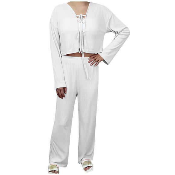Exercise Sweatsuit Set Womens Loose Casual Comfortable Breathable Cardigan with Lace up Long Sleeves and Pants Two Piece Travel Tracksuit S-130 White L