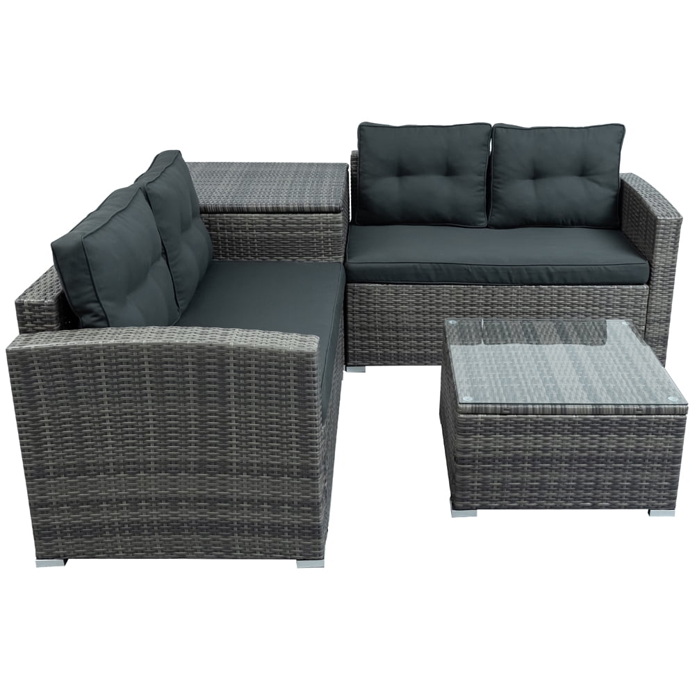 Patio Sofa Furniture Set, 4 Piece Wicker Outdoor Conversation Sets, Sectional Sofa Furniture Sets with Storage Box and Table, Patio Backyard Porch Balcony Deck Furniture Sets, JA2630