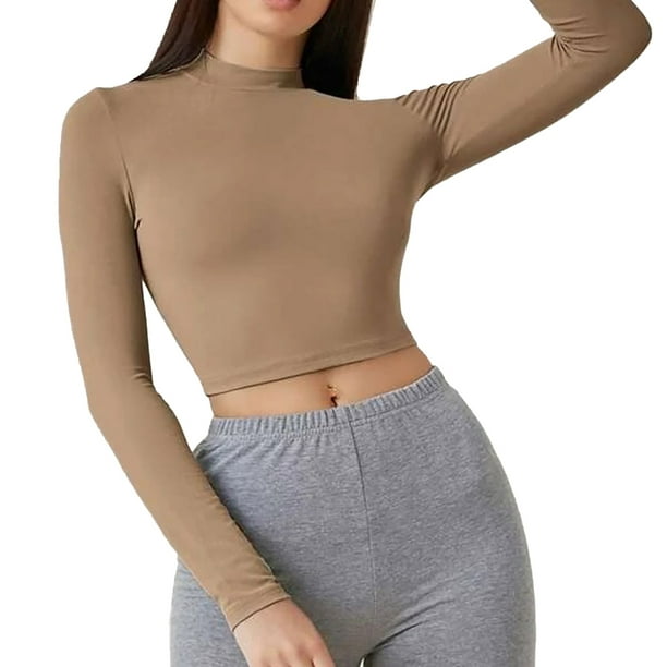Women's Basic Mock Neck Long Sleeve Fitted Crop T Shirt Top
