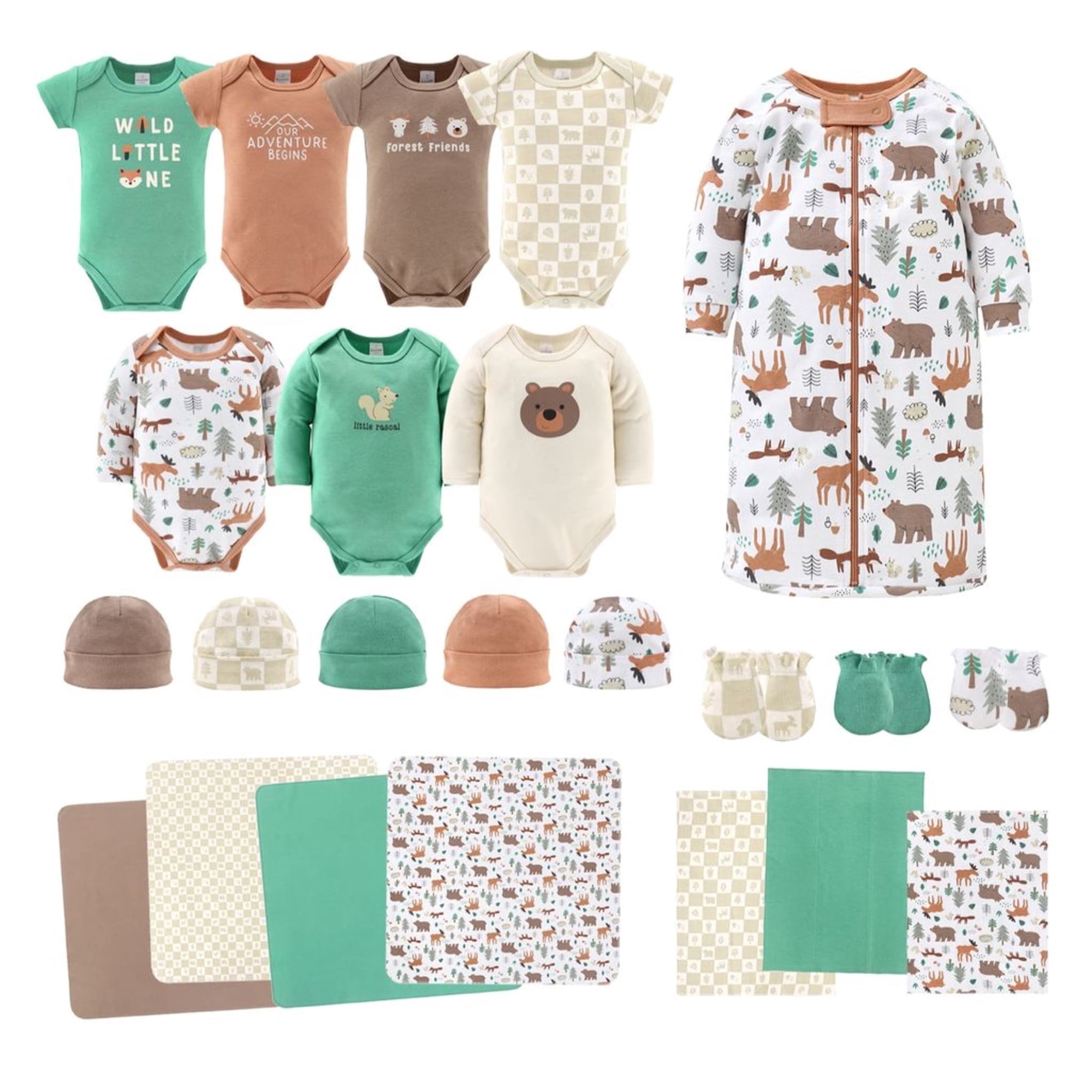 The Peanutshell Baby Boy Woodland Animals Cotton Layette Gift Set, Baby Clothes Essentials, 23 Piece