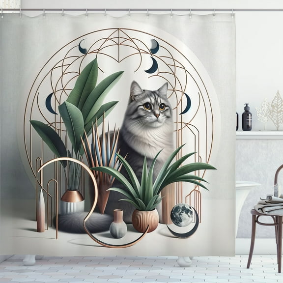 Ambesonne Cat Shower Curtain, Kitty in a Noble Pose Bohemian, 69"Wx75"L, Grey Green Pale Rust