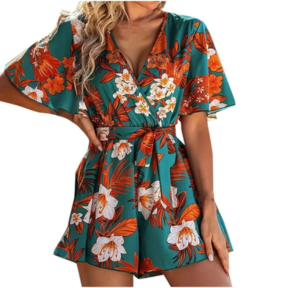 BUIgtTklOP no boundaries Women's Tropical Print Cut Out Boho Romper V Neck Short Sleeve Belted Jumpsuit Women's Jumpsuit Floral Print Butterfly Sleeve Belted Romper Jumpsuit Decorall