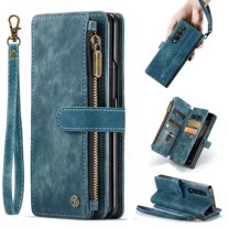 Allytech for Galaxy Z Fold 4 Wallet Case with 1 Cash Slot & 5 Card Holders, Zipper Pocket Flip Stand Magnetic Closure Wristlet Lanyard Retro PU Leather Case for Samsung Z Fold 4 5G 2022, Blue