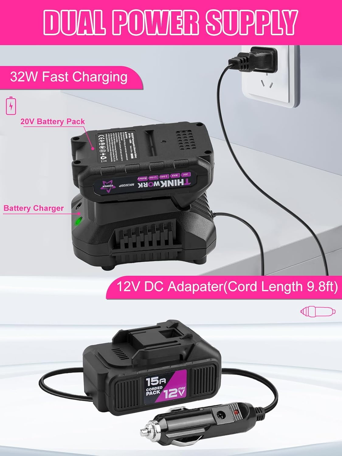 Tire Inflator Portable Air Compressor, Pink Cordless Car Tire Pump with 20V Rechargeable Battery, 12V Car Power Adapter, 150 PSI Handheld Air Pump for Car, Motorcycle, and Bike, Gift for Women
