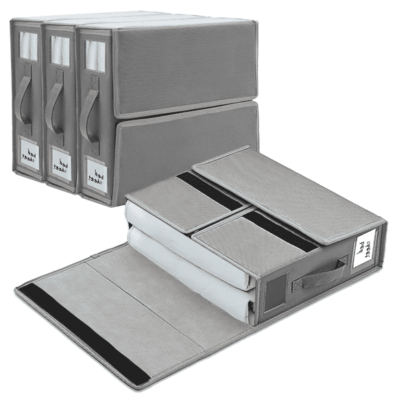 4 Pack Bed Sheet Organizers & Storage Boxes, Foldable Sheet Organizer for Linen Closet, Oxford Fabric, Clear Window & Reusable Labels, Fits King/Queen Sheets, Duvet Covers, Space-Saving Sheet Holders