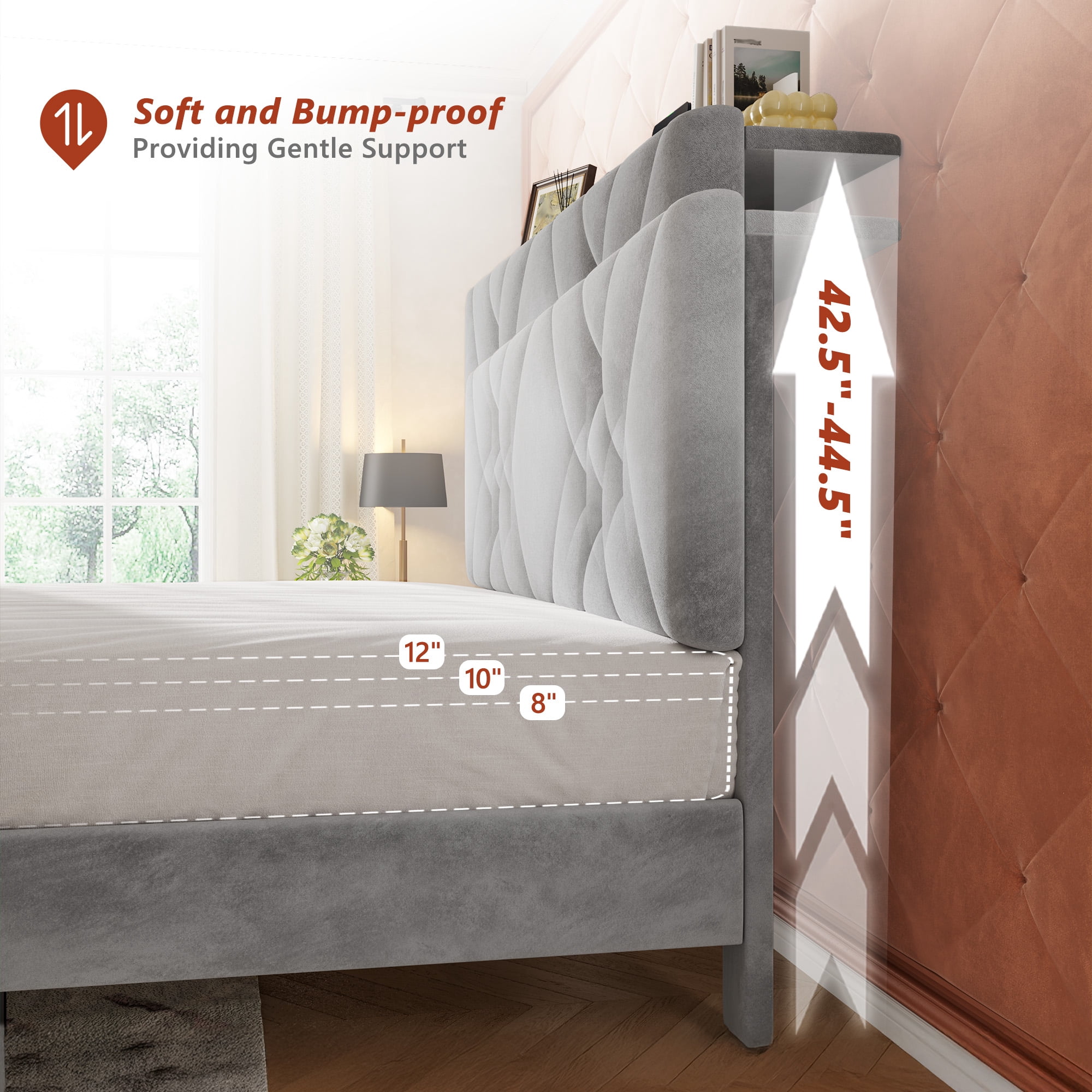 EnHomee Full Size Bed Frame with 2 Drawers &  Storage Platform Upholstered Bed Frame  with Headboard & LED Lights & Charge Station, Gray