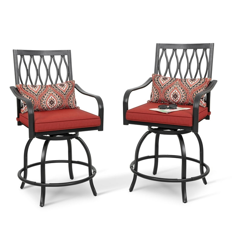 Nuu Garden 2 Piece Outdoor Metal Patio Swivel Stools Chairs with Red Cushion and Armrest, Bar Height, Black