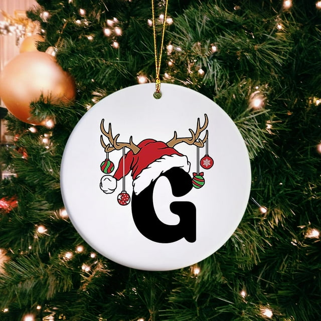 Family Initial Name Ornament, Christmas Gift, Personalized Christmas Ornament, Hand-Painted Ceramic, For Home Decor, Office Desk, 3.5-inch Diameter, Family Tree Theme, Elegant Design, Office Gift,