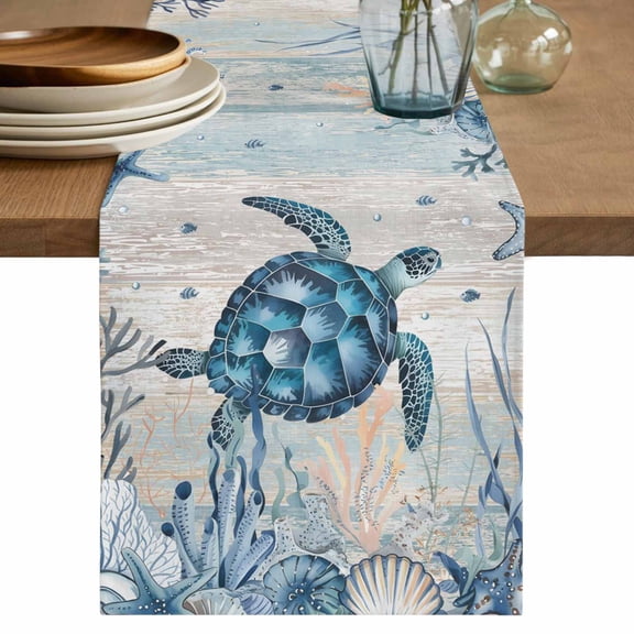 Table Runner 90 Inches Long for Kitchen Dining, Blue Turtle Coastal Dresser Scarf Farmhouse, Dining Table Decorations for Wedding/Parties, Nautical Beach Sea Ocean Coral 13 x 90 In