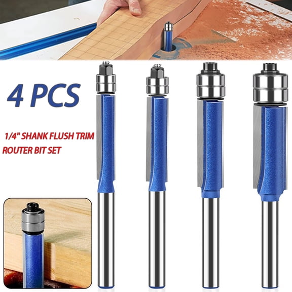 4 Pcs 1/4" Shank Flush Trim Router Bit Set Top Bearing Woodworking Template Cutter