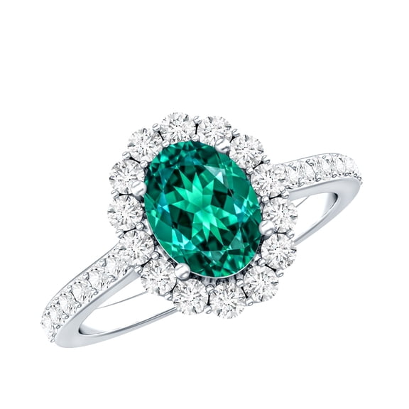 Rosec Jewels Lab Created Emerald Ring with Moissanite Halo for Women - 1.2 Carat - AAAA Quality, 925 Sterling Silver, US 4.00