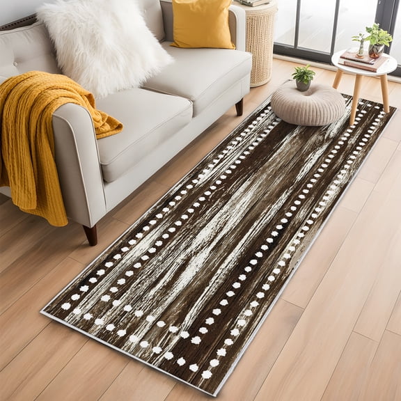 Vintage Brown Wooden 2'x6' Runner Rug, Abstract Dotted Borders Distressed Washable Non-Slip Area Rugs for Hallway Kitchen Floor Bedroom Entryway, Long Laundry Carpet Decoration Indoor Mat