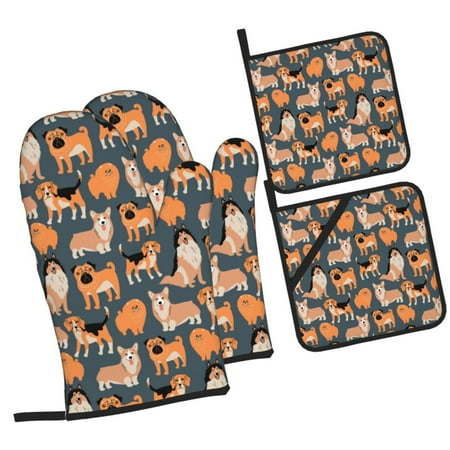 

Haiem Corgi Collie Pug Print Extra Long Oven Mitts and Pot Holders 4pc Sets: Heat Resistant Silicone Oven Mittens with Mini Oven Gloves and Hot Pads Potholders