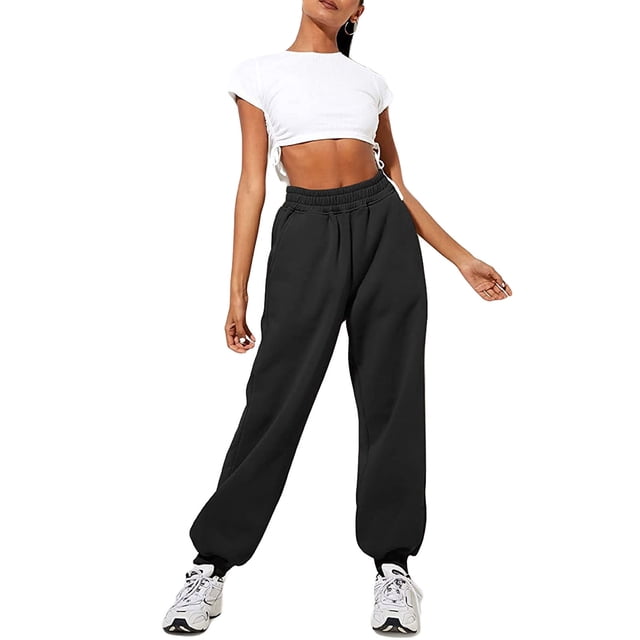 Pantalones deportivos para mujer Bolsillo con cordón elástico de cintura alta de color sólido XBTCLXEBCO pantalones