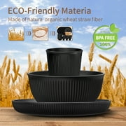 TINANA Wheat Straw Dinnerware Set, Service for 4, 48 PCS Unbreakable Plastic Plates and Bowls Sets, Dishwasher Microwave Safe, Black
