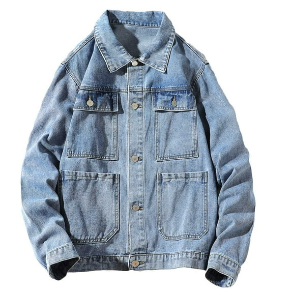 IYTR Men's Denim Trucker Jacket Washed Distressed Long Sleeve Button Up Jean Coat with Pockets Streetwear Loose Fit Trucker Jean Jackets Oversized Denim Jacket Blue XXXXL