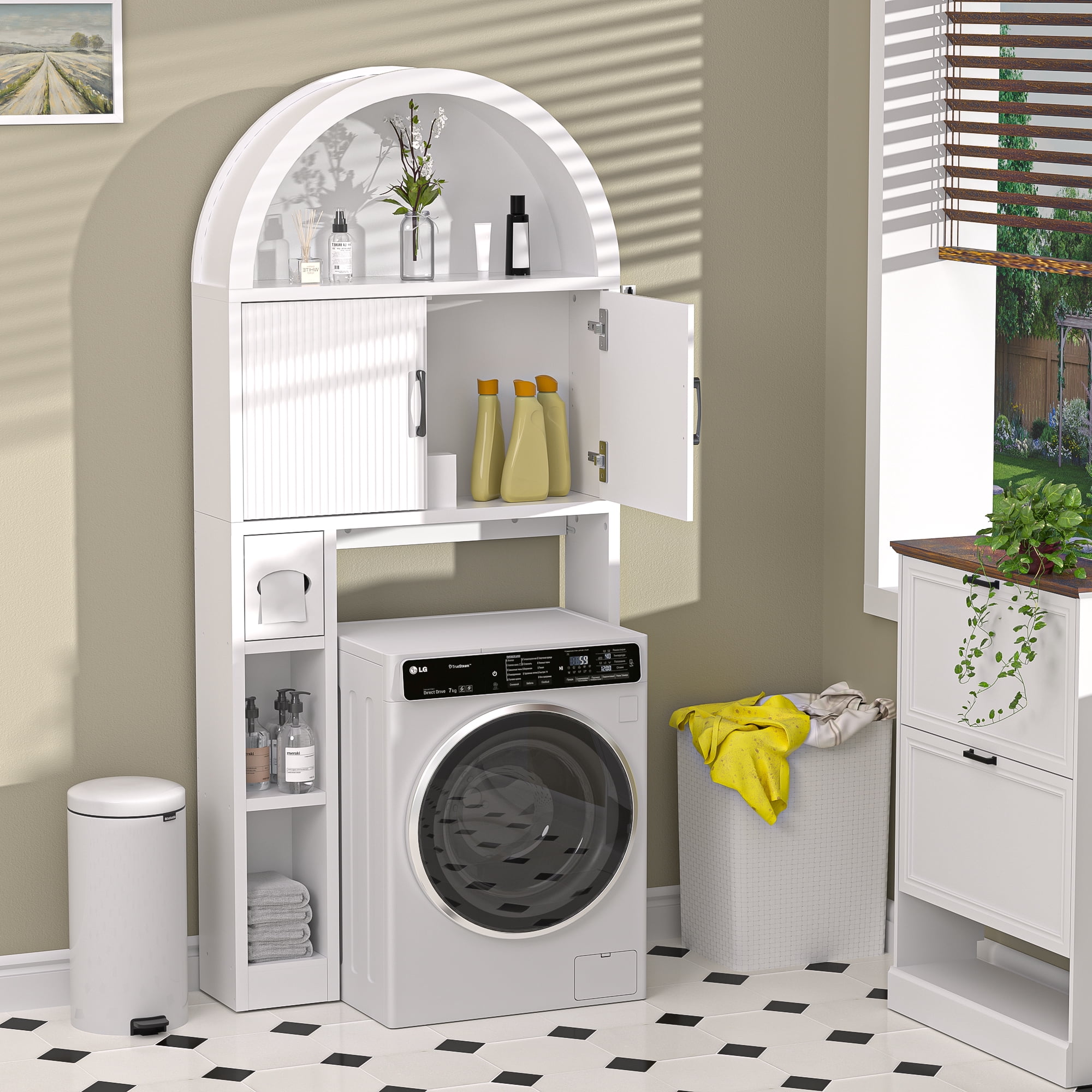 HARIPUL Over The Toilet Storage Cabinet w/ Unique Wood Grain & Arc Design, Freestanding Bathroom Shelf Organizer Space Saver w/ Doors & Anti-Tip Device, White
