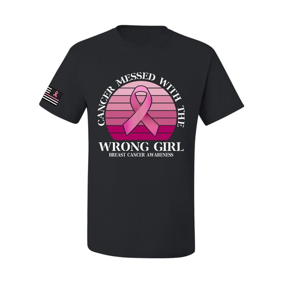 Wild Bobby Cancer Messed With the Wrong Girl US Flag Breast Cancer Awareness Men Tee, Black, Small