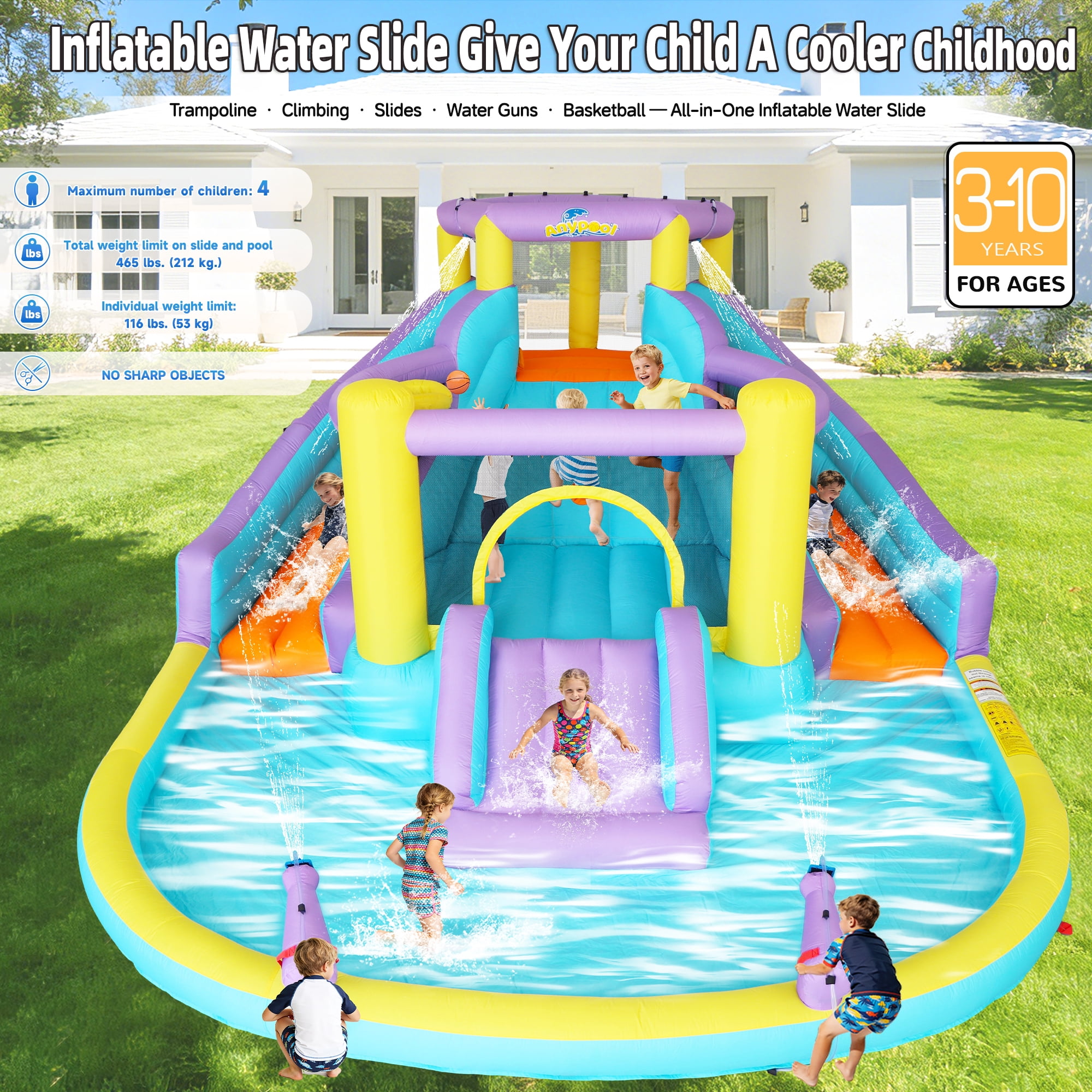 Anypool 7-in-1 Inflatable Water Slide Bounce House with 3 Slides, Splash Pool, Climbing Wall, Water Gun & Basketball 168 x 150 x 78 inches 520W Blower Outdoor Backyard Fun