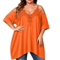 thumbnail image 2 of IUYRTFE Women's Cold Shoulder Lace Trim V Neck Top Short Sleeve Loose Fit Summer Casual Blouse Plus Size, 2 of 5