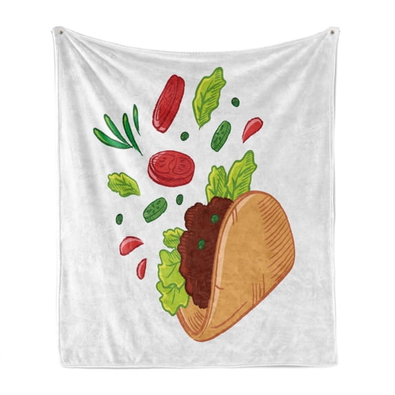Taco Soft Flannel Fleece Throw Blanket, Vegan Snacks with Mexican Wheat Tortilla Lettuce Tomato Fast Food Menu, Cozy Plush for Indoor and Outdoor Use, 70" x 90", Lime Green Sand Brown, by Ambesonne