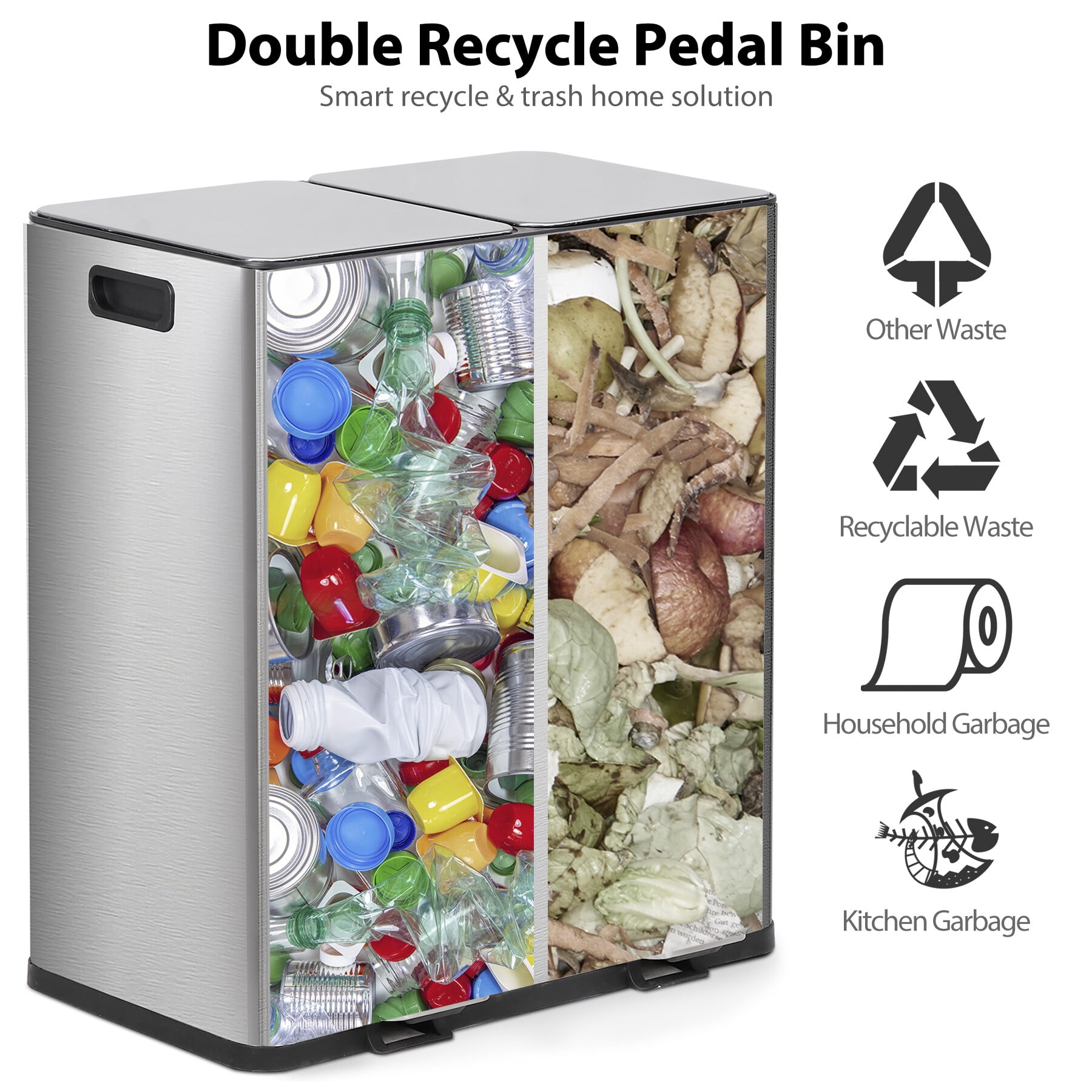 HomGarden 16 Gallon Dual Compartment Trash Can Stainless Steel Step Garbage Can Home Kitchen