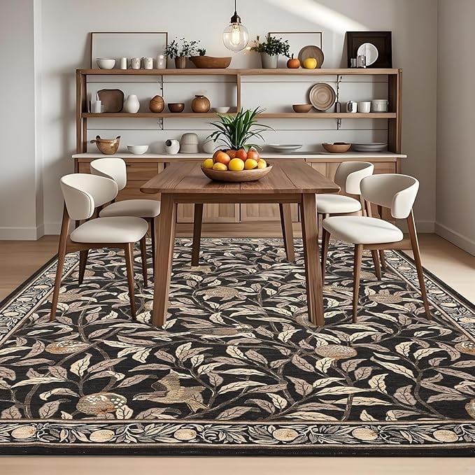 9x12 Botanical Print Washable Rugs Ultra Thin Non Slip Large Area Rug for Bedroom Living Room Ultra Thin Lightweight Cute Throw Carpet for Dining Room Table Classroom Playroom, Brown