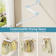 JAUREE Wall Mounted Clothes Drying Rack,Space Saving Laundry Rack Collapsible,Tri-Fold Retractable Rack Outdoor Indoor with 18 Hooks, White