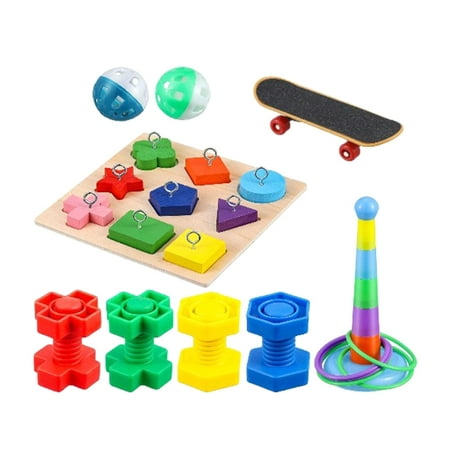 

XROMTBEM 9Pcs Bird Training Toy Set Wooden Block Puzzle Toy Ring Toy Skateboard Nuts Bolt
