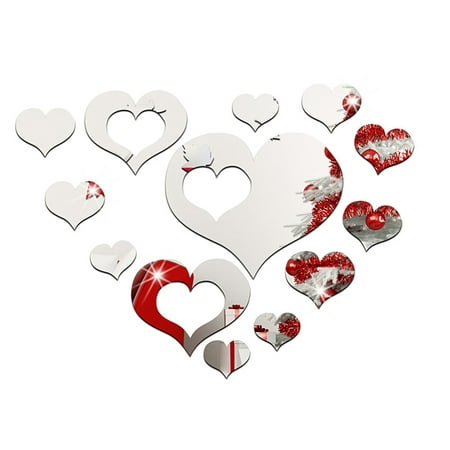 Romantic DIY Art 3D Acrylic Love Heart Wall Sticker, Removable Mirror Wall Decals, 1 Set of 15pcs Hearts Wedding decoration Mural Wallpaper For Living Room Bedroom Specification:SM009